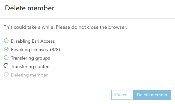 The Delete member dialog box showing deletion process