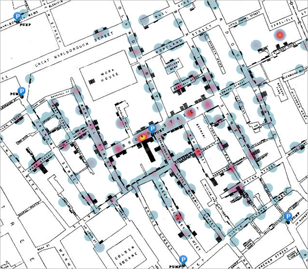 Historical map with transparent heat map and water pump point data displayed on top