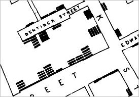 Detail of map showing stacked hash marks along streets