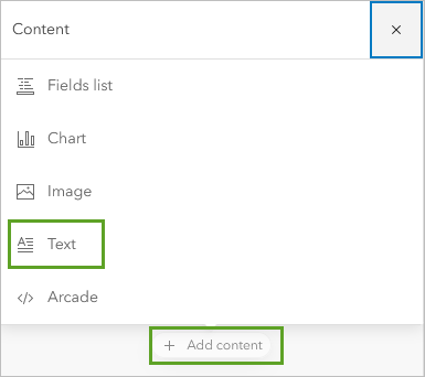 Text on the Add content menu of options in the Pop-ups pane