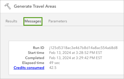 Messages tab in the Generate Travel Areas details pane