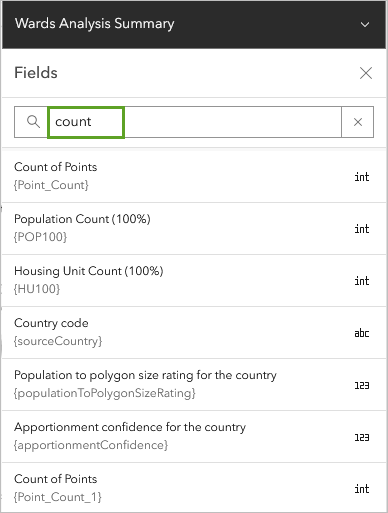 Search for count in the Fields window.