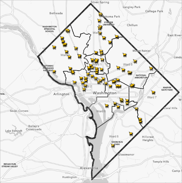 DC boundary, DC ward boundaries and grocery stores on the map
