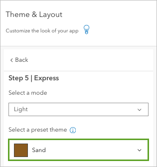 The Select a preset theme parameter set to Sand in the Theme & Layout pane.