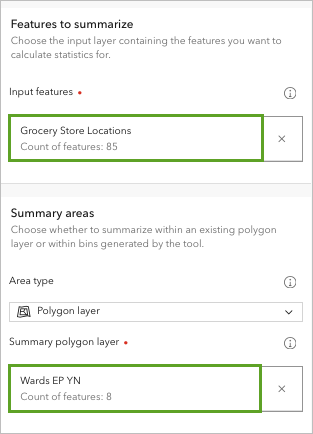 Input features and Summary polygon layer parameters set in the Summarize Within tool pane.