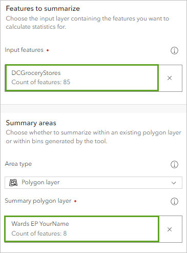 Input features and Summary polygon layer parameters set in the Summarize Within tool pane.