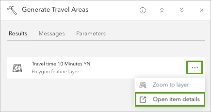 Open item details in the list of options for the Travel Area 10 Minutes layer on the Results tab