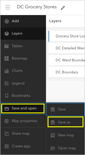 Save as on the Save and open menu