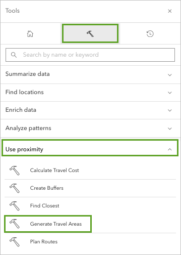 Generate Travel Areas under the Use proximity section on the Tools tab in the Analysis pane
