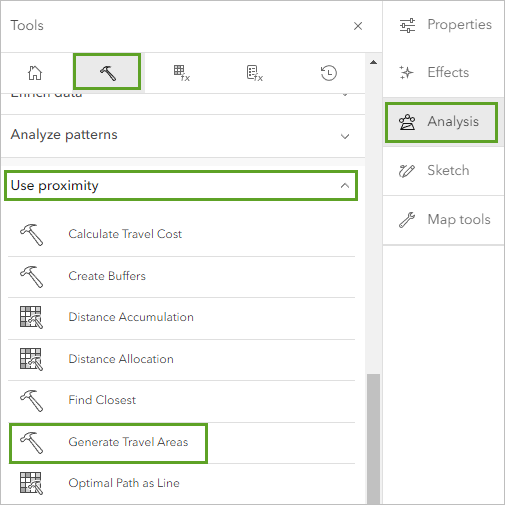 Generate Travel Areas under the Use proximity section on the Tools tab in the Analysis pane