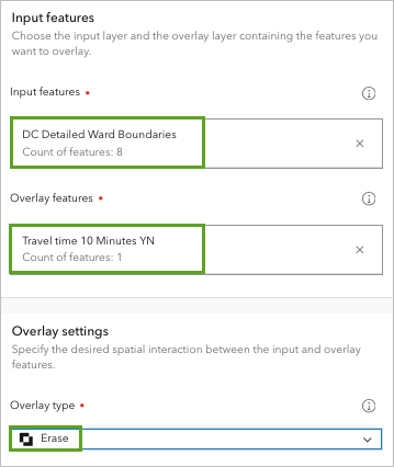 Parameters entered in the Input features and Overlay settings sections in the Overlay Layers tool pane.