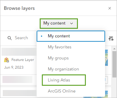 Living Atlas option in the Browse layers pane