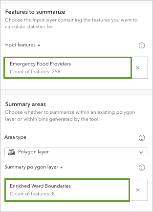 Input features and Summary polygon layer parameters set in the Summarize Within tool pane.