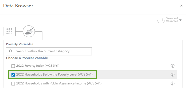 Households below the Poverty Level variable checked in the Data Browser