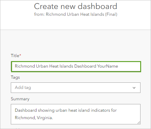 Title entered in the Create new dashboard window