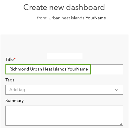 Title entered in the Create new dashboard window