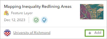 Mapping Inequality Redlining Areas layer in the Add layer pane