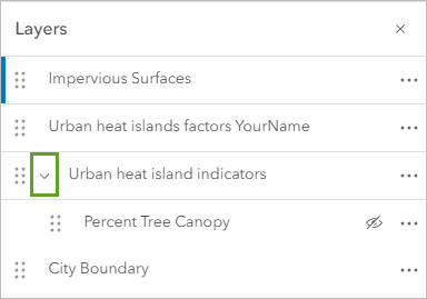 Expand arrow for the Urban heat island indicators group layer