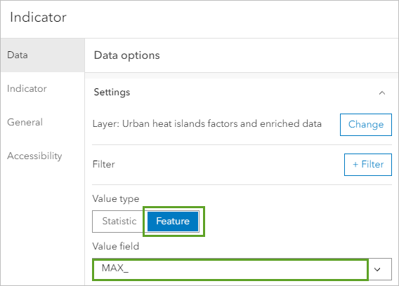 Value type set to Feature and Value field set to MAX_ on the Data options tab