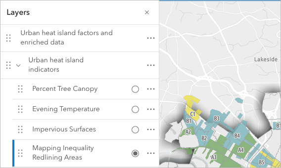 Group layer visible and set to the Mapping Inequality Redlining Areas layer