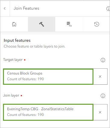 Parameters entered on the Join Features tool pane