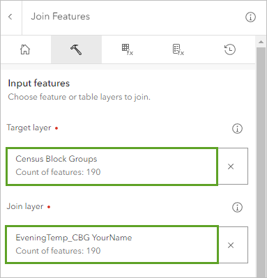 Parameters entered on the Join Features tool pane