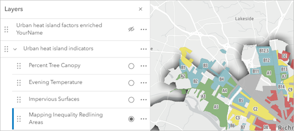 The Mapping Inequality Redlining Areas layer selected in the group layer and visible on the map