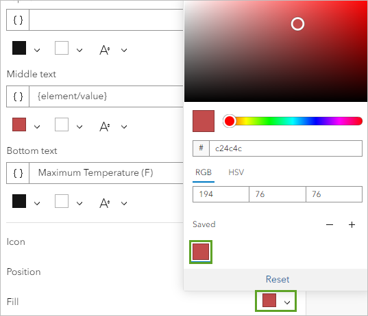 The saved red color chosen for the Icon Fill parameter