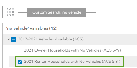 Renters with No Vehicles variable checked in the Data Browser