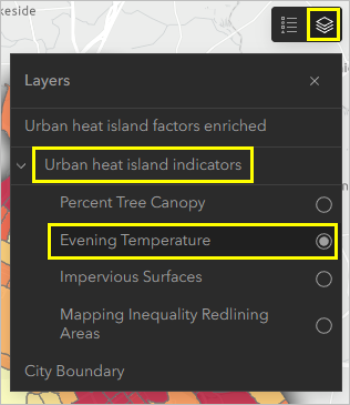 Evening Temperature selected in the group layer on the layer list tool