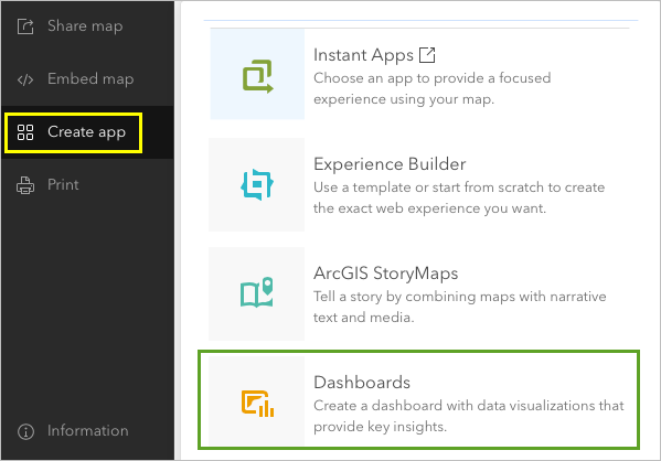 Dashboards on the Create app menu