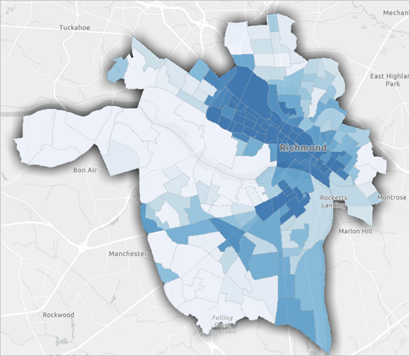 The Impervious Surfaces layer styled by census block groups