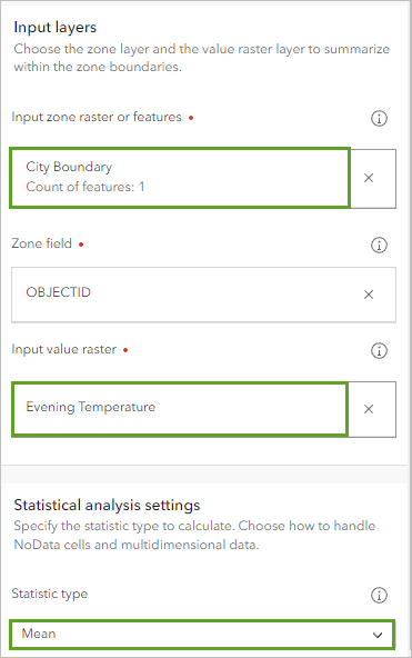 Parameters entered in the Zonal Statistics as Table tool for calculating the mean evening temperature value for the city