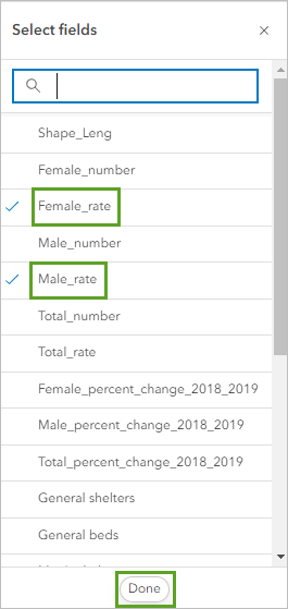 Select Female_rate and Male_rate fields.