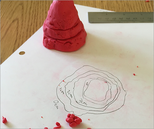 A contour map of a clay mountain labeled with elevation in centimeters