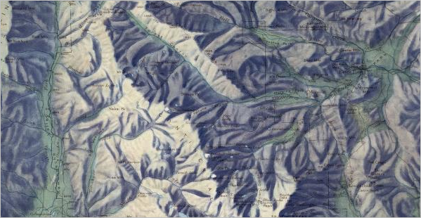 Map with terrain drawn with hillshading
