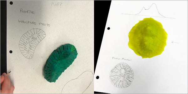 Examples of hachure maps made by students next to their clay mountains