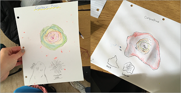 Examples of profile, hachure, and contour maps made by students