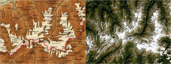 Snow-topped mountain peaks on the contour map and the imagery basemap