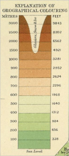 Legend of contour colors, with lower elevations in green and higher elevations in brown