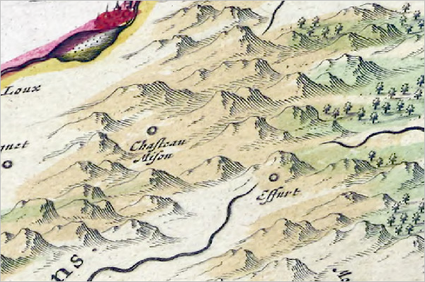 Map with terrain drawn as pictures of mountains