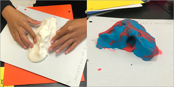 Examples of clay mountains made by students, including one with a cave in the side