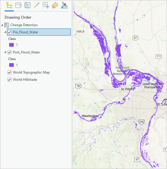 The pre- and post-flood water displayed on the map