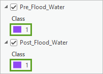 Pre- and post-flood water rasters with a single class