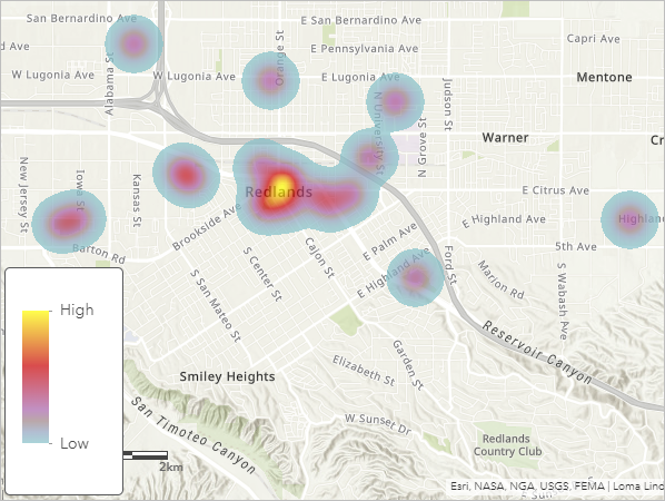 Heat map showing places of importance in Redlands, California