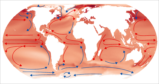 Map of temperature increases and ocean currents