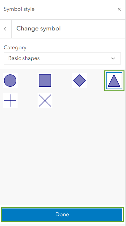 Triangle on the Change symbol window and Done button