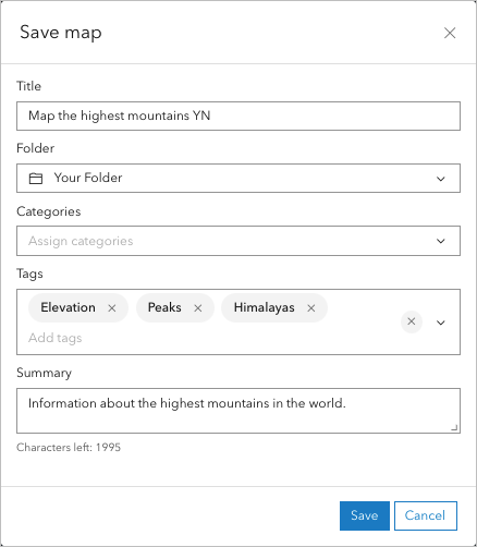 Save Map window with fields filled