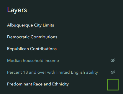 Visibility button set so that the Predominant Race and Ethnicity layer is visible on the map