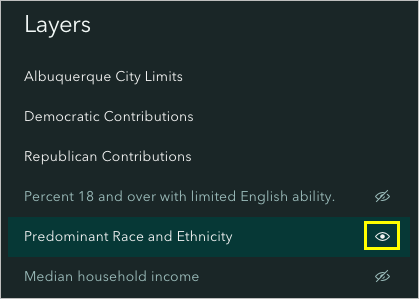 Visibility button set so that the Predominant Race and Ethnicity layer is visible on the map